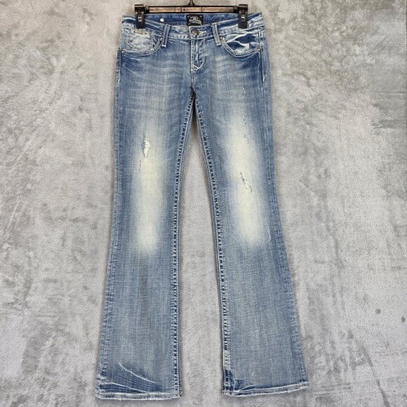 Rerock for Express Jeans Womens 2 Blue Bootcut Stretch Distressed Embroidered - Picture 1 of 12